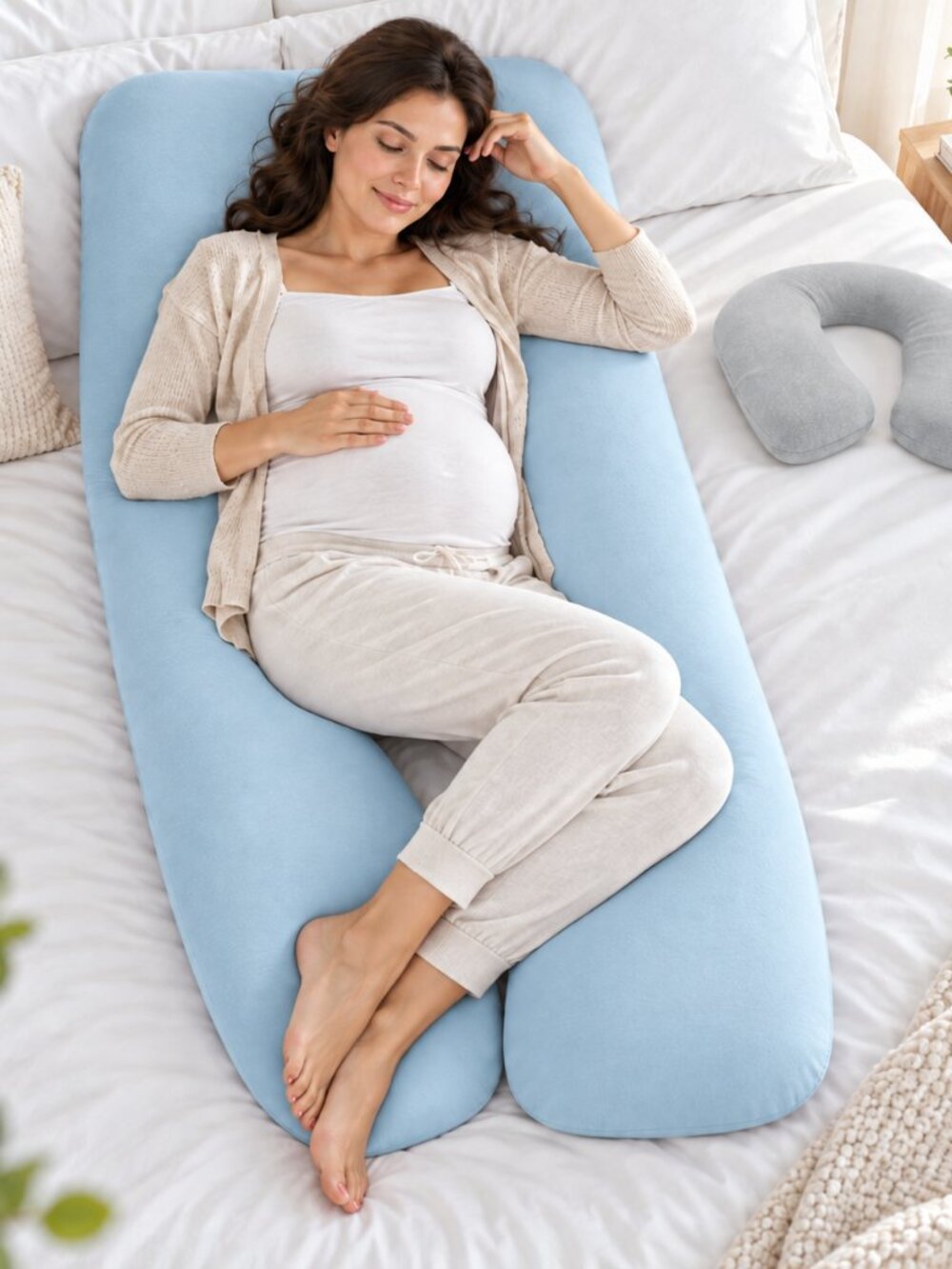 MSRP $85 | Bloom & Bond Pregnancy Pillow + Grey Travel Pillow Set – BLUE – NIB